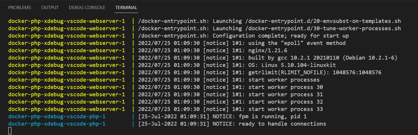 PHP Docker Xdebug startup log